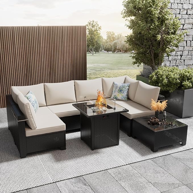 8 Pcs Patio Furniture Set with Fire Pit Table Wicker Outdoor Sectional Sofa, Conversation Set Perfect for Backyard, Garden, Deck (Deep Brown/Beige)