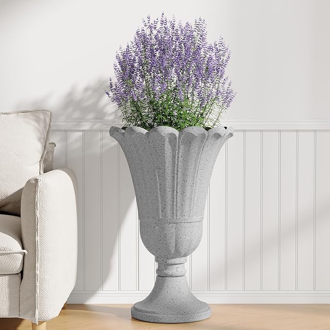 23" Tall Planters for Outdoor Plants Set of 2, Planter with Drainage Holes and Petal Design, Large Outdoor Planters for Porch, Garden, Indoor, Grey