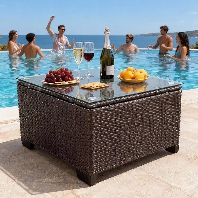 Wicker Patio Furniture - Square Outdoor Coffee Table, with Tempered Glass Tabletop & Rust-Resistant Coated Steel Frame, Compatible with Sectional Sofas, Ideal for Garden, Pool, Balcony, Black