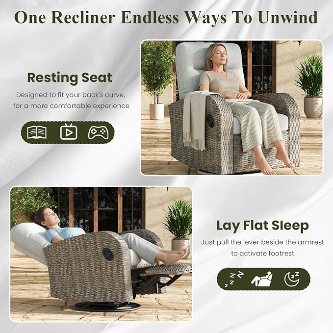 LayinSun Oversized Wicker Outdoor Swivel Glider Recliner with Adjustable Backrest & Footrest, Patio Reclining Lounge Chair