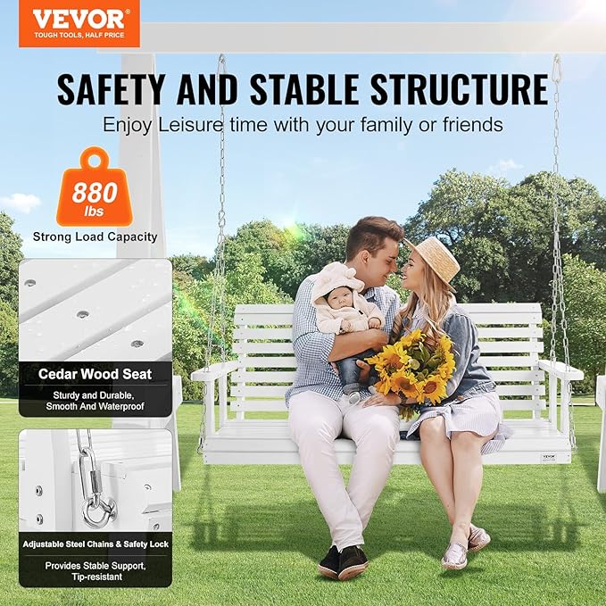 VEVOR Wooden Porch Swing 5 ft, Patio Bench Swing for Courtyard & Garden, Upgraded 880 lbs Strong Load Capacity, Heavy Duty Swing Chair Bench with Hanging Chains for Outdoors, White