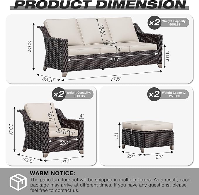 Joyside Wicker Patio Furniture Sets, 6 Pieces Upgraded Large Size Outdoor Furniture with Swivel Rocking Patio Chairs, Two 3-Seat Sofa, Outdoor Ottoman, Thick Cushions, Wide Armrest, Beige