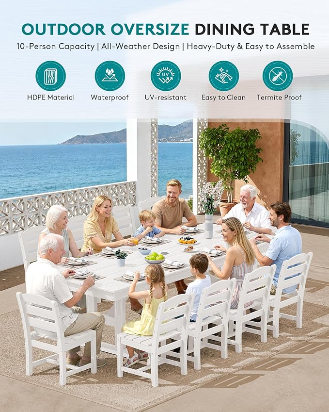 SERWALL Outdoor Dining Chairs Set of 4, All-Weather HDPE Patio Chair with 19.7" Widened Seat, for Backyard, Garden, White
