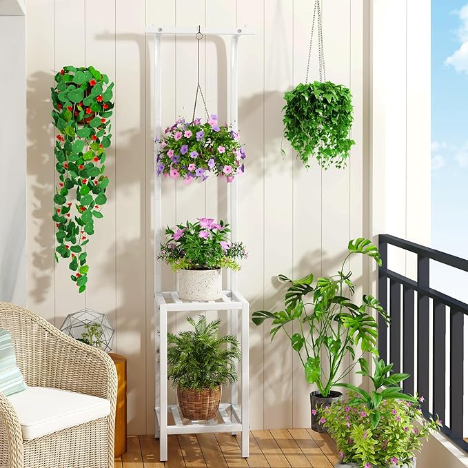 IBUYKE 67 Inch Tall Plant Stand Indoor Outdoor, 3 Tier Metal Hanging Plant Shelf for Multiple Plant, Heavy Duty Plant Holder Flower Stand for Living Room Patio Balcony Garden, White TMJ076W