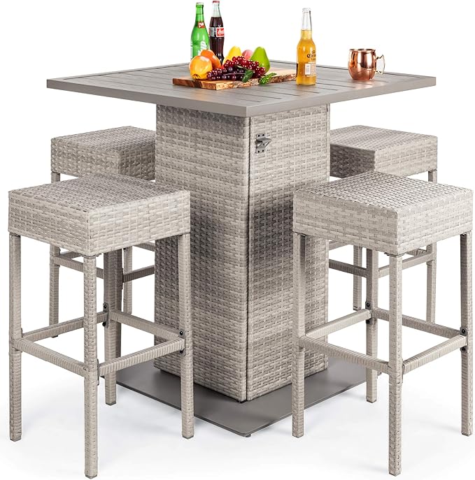 Best Choice Products 5-Piece Outdoor Wicker Bar Table Set for Patio, Poolside, Backyard w/Built-in Bottle Opener, Hidden Storage Shelf, Metal Tabletop, 4 Stools - Gray