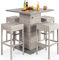 Best Choice Products 5-Piece Outdoor Wicker Bar Table Set for Patio, Poolside, Backyard w/Built-in Bottle Opener, Hidden Storage Shelf, Metal Tabletop, 4 Stools - Gray