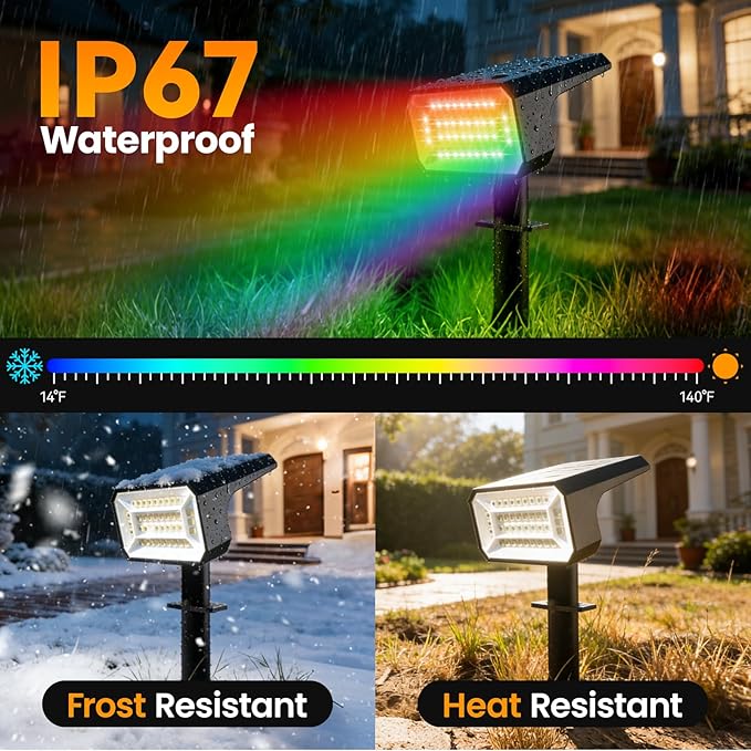 Fabrito Color Changing Solar Spot Lights Outdoor 4 Pack, [6+1 Lighting Modes] Auto On/Off RGB Spotlights, Waterproof Multicolor Landscape Lights for Garden, Tree, Halloween, Christmas
