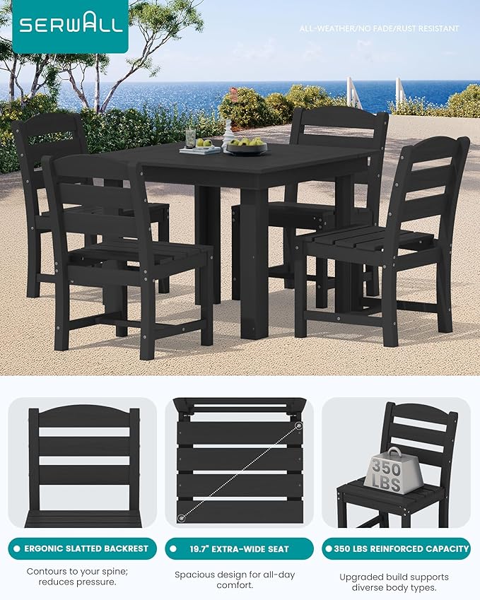 SERWALL Outdoor Dining Set for 4, HDPE Square Table and Chairs Set All Weather Patio Dining Set with 4 Armless Chairs for Patio, Black