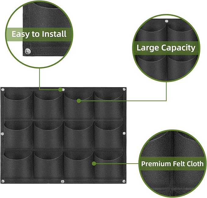 Hanging Planting Grow Bags, 12 Pockets Hanging Vertical Wall Planter Wall Mounted Grow Bag Outdoor Indoor Gardening Vertical Greening Flower Container, Planting Bags Storage Bags(0.6 m × 0.8 m, Black)
