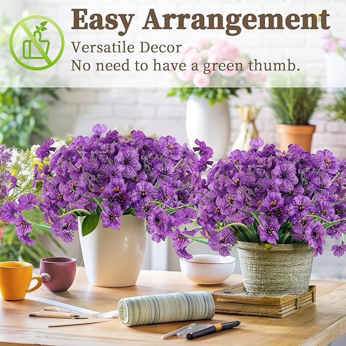 24 Purple Bundles Artificial Flowers for Outdoors/Indoors Fake Flowers Plants for Indoor Outside Garden Porch Window Box Home Wedding Farmhouse