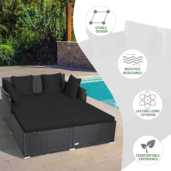 Tangkula Outdoor Rattan Daybed, Wicker Furniture with Spacious Seat, Upholstered Cushion & High-Resilience Sponge, Patio Sofa Set with 4 Pillows, 2-Person Sunbed for Poolside Backyard Garden & Balcony