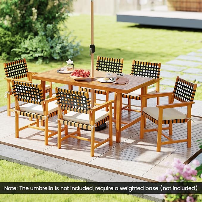 Tangkula 7 Piece Patio Dining Set for 6 People, 63” Outdoor Rectangular Acacia Wood Table with 1.97” Umbrella Hole & 6 Armchairs with Padded Seat Cushions, for Deck Yard and Poolside