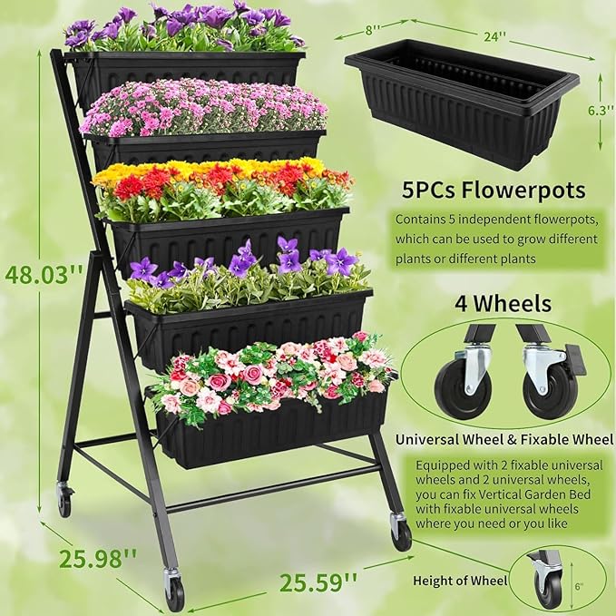 Homdox 2 Pack Vertical Garden Bed, 5 Tiers Raised Garden Planter, 25.6 * 26 * 48 Inch with Drainage System & 4 Hooks, Vegetable Flower Stand for Garden Patio Yard (Black with 4 Wheels)
