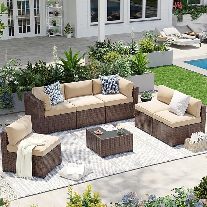 Aoxun Patio Furniture Sets, 7-Piece Outdoor Patio Furniture with Thick Cushions, Wicker Outdoor Conversation Set Sectional Sofa for Backyard, Poolside, Garden(Cream-Browm, 7 x 25.6 - Seats)