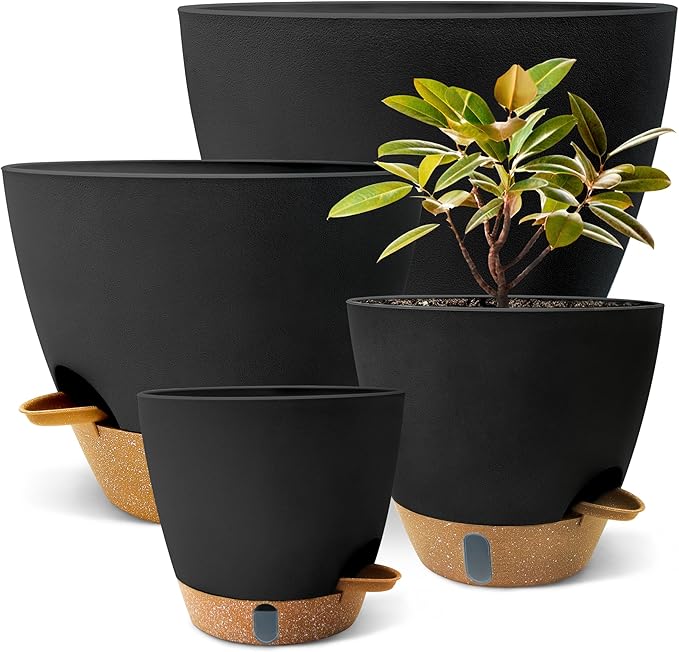 12/10/9/8 inch Self Watering Pots with Visual Water Window, Extra Large Self Watering Plant Pot with Drainage Holes and Saucers, Black Flower Pots for Indoor Plants
