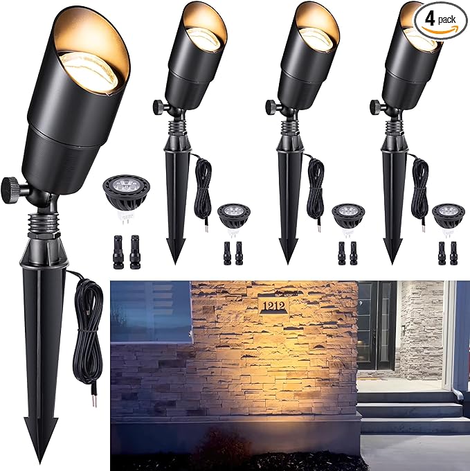 Gardenreet Brass Landscape Lighting - Black Outdoor Low Voltage Spotlights LED, 12V Wired Uplights, Waterproof Spot Lights for Outside Trees with 5W 2700K Warm White MR16 Bulb (4 Pack)