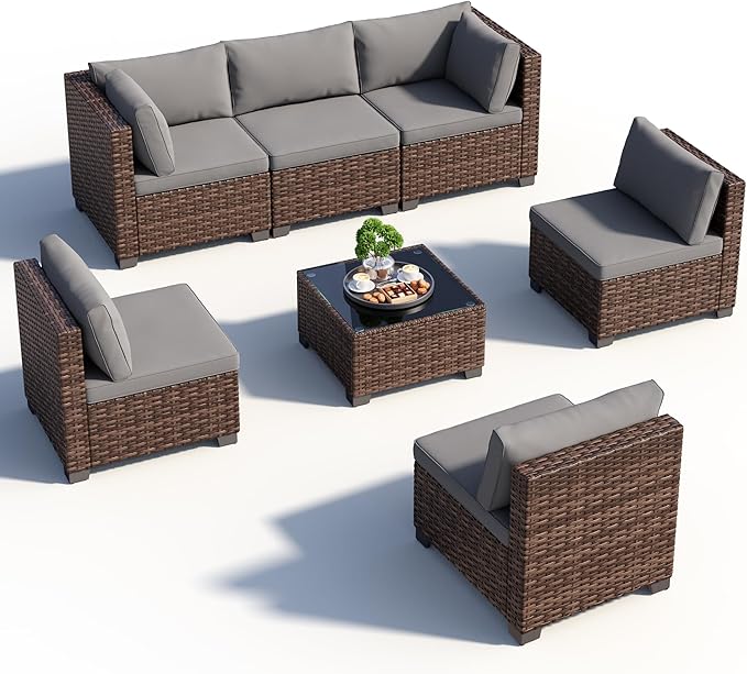 7 Pieces Patio Furniture Set, Outdoor Sectional Rattan Sofa Set, Wicker Patio Conversation Set with Cushions and Glass Coffee Table, for Balcony, Porch, Garden, Grey