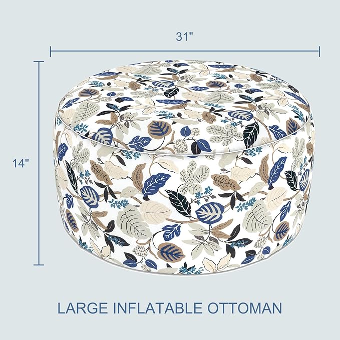 LVTXIII Indoor/Outdoor Extra Large Inflatable Ottoman Pouf D31 x H14 Inch, Round Footstool with Handle, Weather-Resistant Portable Furniture for Patio, Camping, Beach, Breeze Leaves Beige