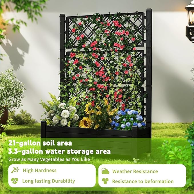 EasyUp Rolling Garden Planter Box with Trellis & Lockable Casters, Outdoor Raised Bed with Drainage & Water Gauge, Durable Resin for Patio, Balcony, Yard, Dust-Proof (Black, 43.43 * 18.27 * 64.29)