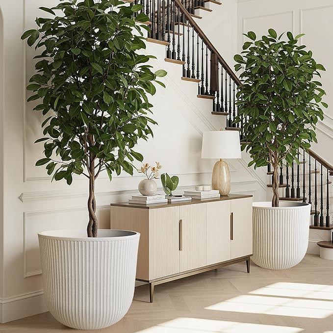 WORTH Garden Round Large Planter Pot Set of 2-17.5" Dia x 15.5" H - Durable Plastic Beige Plant Tree Pots with Vertical Stripe Textured Finish, Drainage Hole for Indoor, Outdoor, Front Porch, Patio