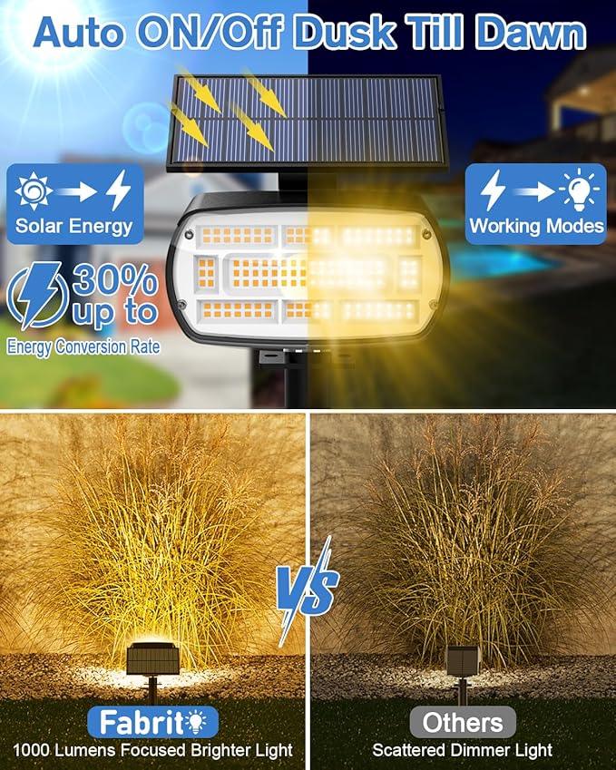 Fabrito Large Solar Spot Lights Outdoor 4 Pack, 1000 Lumens High Brightness, IP65 Waterproof Solar Spotlight with 136 LEDs, Dusk to Dawn Solar Landscape Lights for Yard, Garden, Pathway, Plants (Warm)