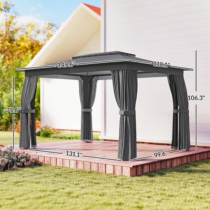 Outsunny 10' x 12' Outdoor Patio Gazebo, Heavy Duty Gazebo Canopy Shelter with Double Roof, Curtains, Netting, Steel Frame, UPF30+ Protection, Ceiling Hooks for Lawn, Backyard, Deck, Dark Gray