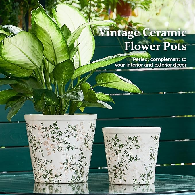 Ceramic Planter Without Drainage Hole, 6.7 Inch - Indoor/Outdoor Flower Pot for Orchids, Succulents, Green Floral Modern Farmhouse Design Plant Pot for Home,Office & Garden Décor, Ideal Gift