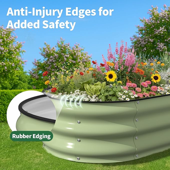Kesfitt Raised Garden Bed, 5x2x1 FT Galvanized Steel Metal Raised Garden Bed, Oval Open-Bottom Design, 12-Inch Deep for Outdoor Vegetable & Herb Gardening, Fruit Green