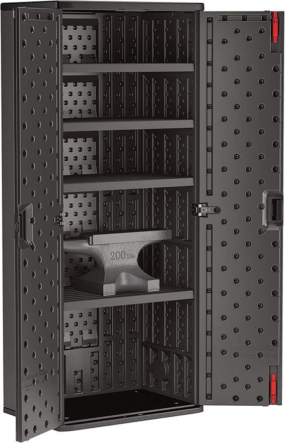 Suncast 19 Cubic Ft. Heavy-Duty Resin Cabinet with Lockable Handles, Multi-Wall Construction, and Metal-Reinforced Shelves for Basement, Utility Room and Garage Storage, Black, Made in the USA