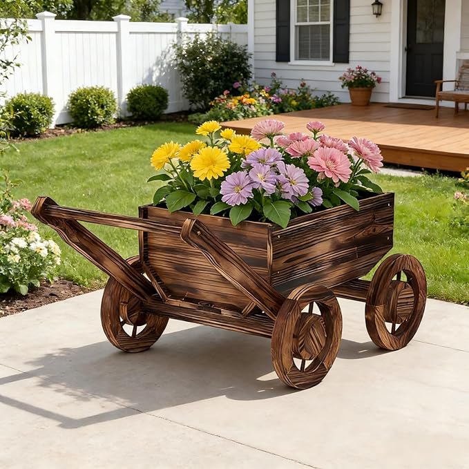 Wooden Flower Cart with Wheels Wooden Wagon Planter Outdoor Garden Planter Decor Planter for Patio Balcony Trolley Decoration Succulent Flower Pot, Indoor Backyard Balcon Decor（Large）