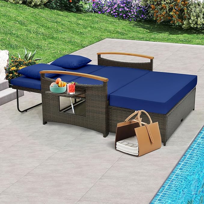 Tangkula Patio Rattan Daybed with 4-Level Adjustable Backrest, Outdoor Wicker Loveseat with Acacia Wood Armrest, Storage Ottoman & Folding Tray, Double Sunbed for Balcony, Backyard & Poolside (Navy)