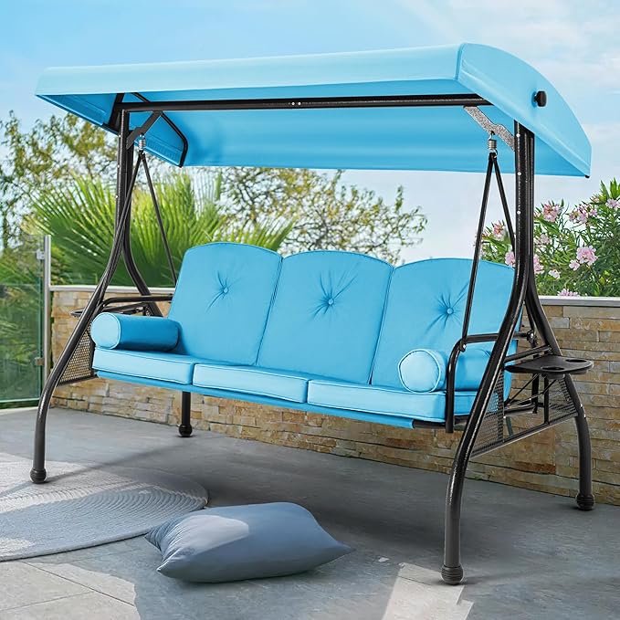 HOMREST 3 Seat Outdoor Porch Swing with Adjustable Canopy, Convertible Patio Swing Bed with Stand, Patio Glider Swing with Upgraded Cup Holder, Thicken Cushions ＆ Pillow for Backyard（Sky Blue）