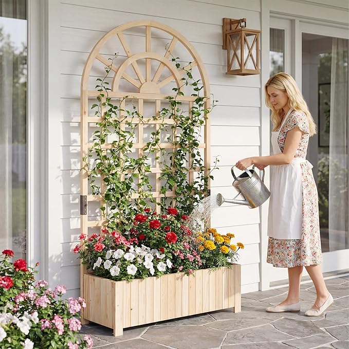 Giantex Wooden Raised Garden Bed with Arched Trellis Set 2, 71” Fir Wood Outdoor Elevated Planter Box Privacy Screen w/Drainage Holes, Vertical Garden Bed for Climbing Plants, Patio Balcony Backyard