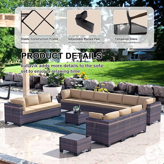 Kullavik 14 Pieces Outdoor Patio Furniture Set PE Wicker Rattan Sectional Sofa Patio Conversation Sets,Sand