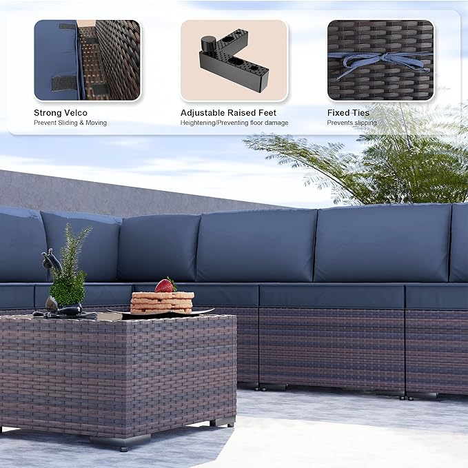 Kullavik 9 Pieces Outdoor Patio Furniture Set PE Wicker Rattan Sectional Sofa Patio Conversation Sets,Navy Blue