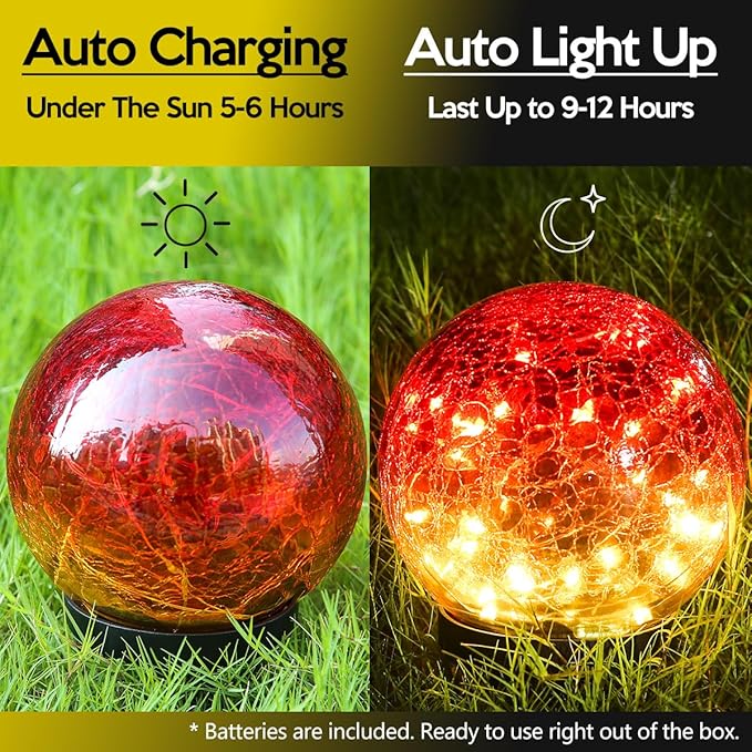 Outdoor Waterproof Solar Gradient Red Globe Lights, Led Solar Round Gazing Balls Ornaments for Lawn Garden Patio Table Art Decoration, Back Yard Landscape Illuminated Cracked Glass Sphere Light Orbs