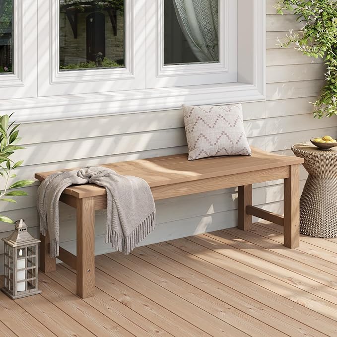 Stoog Outdoor Bench, 2-Person Outdoor Poly Lumber Backless Bench, Weatherproof Garden Bench, Never Rot or Fade, Suit for Church, Backyard, Porch and Park, Teak