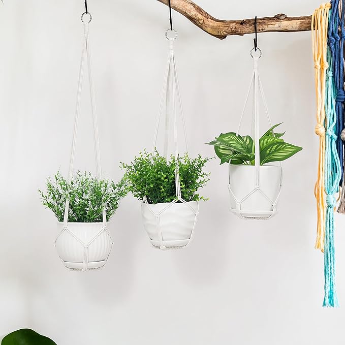 YIBOT 3 Pack Macrame Plant Hanger Indoor Hanging Planter for Plants Holder with 3 Hooks, 35"/29"/23" Size No Tassels for Boho Home Decor, Ivory (POTS NOT Included)