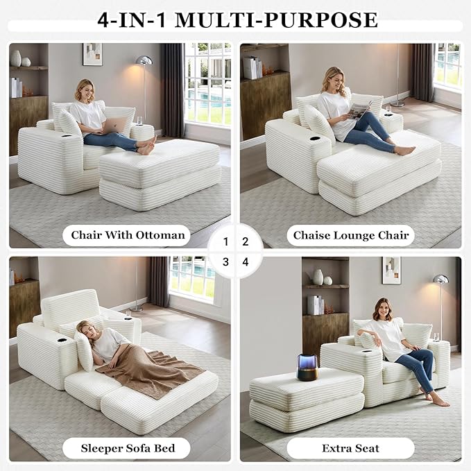 HANXIN 62" Chaise Lounge Chair Indoor, Oversized Corduroy Boneless Convertible Chaise Lounge Couch Sleeper Chair with Ottoman, Deep Seat Reading Chair, No Assembly Required (Beige)