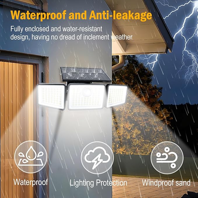 2500LM Solar Lights Outdoor with Motion Sensor,3 Head 270° Wide Angle Street Area Lights,IP65 Waterproof Security Lighting with 3 Modes(Remote,1 Pcs)