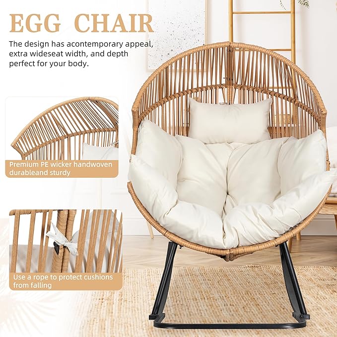 Vongrasig Wicker Egg Chair PE Rattan Rocking Chair with Cushion, Oversized Patio Lounge Rocker Chair for Outdoor, Indoor, Balcony, Backyard, Garden, Beige