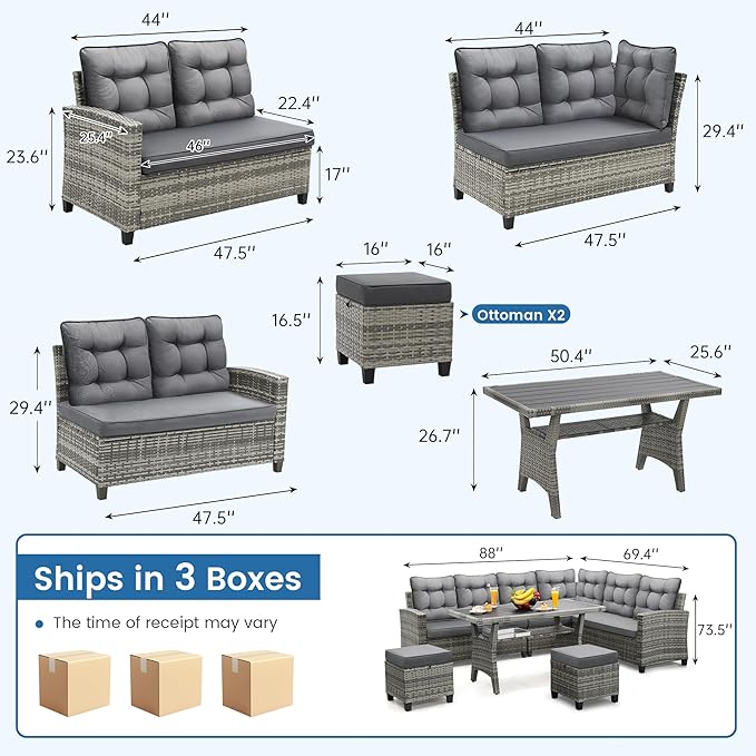 6-Piece Patio Furniture Set, Outdoor Sectional Sofa with Dining Table & Chairs, All-Weather Dining Set with Removable Cushion Covers, Ideal for Garden, Porch, Backyard, Grey