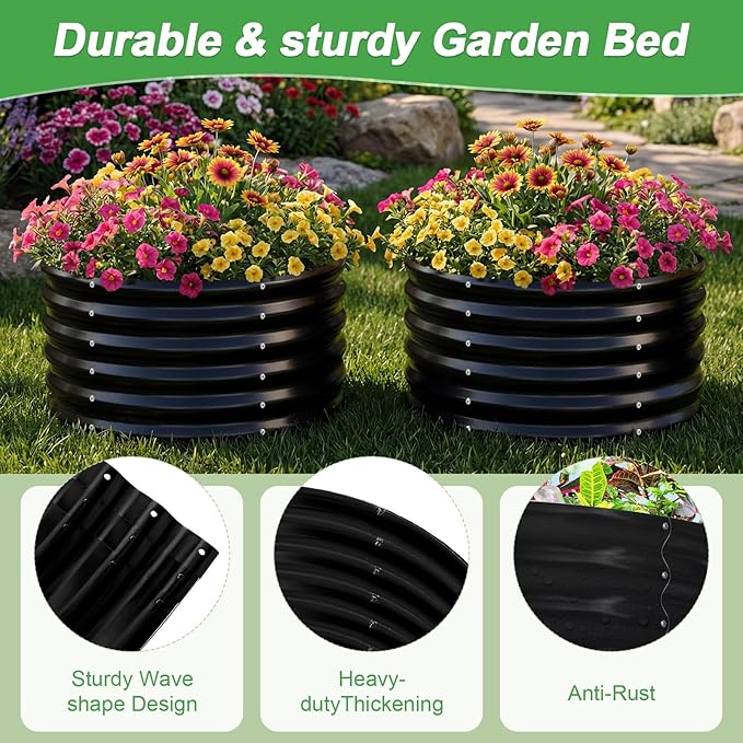 AHEONLAR 2 Pack 2x2x1.5ft Round Galvanized Raised Garden Bed Outdoor Metal Planter Box for Vegetables Steel Raised Beds for Gardening Black