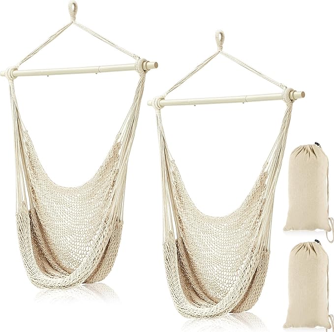 Barydat 2 Pcs Hanging Hammock Chair Boho Swing Chair Indoor Outdoor Cotton Rope Weaving Chair with 40 Inch Detachable Metal Bars for Backyard Living Room Bedroom Garden(Beige)