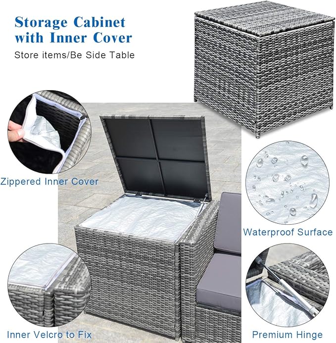 Tangkula 8 PCS Outdoor Patio Furniture Set, Rattan Wicker Sofa Set, Sectional Sofa Couch Conversation Set w/Storage Table and 12 Zippered Cushions for Garden Backyard Poolside (Grey)