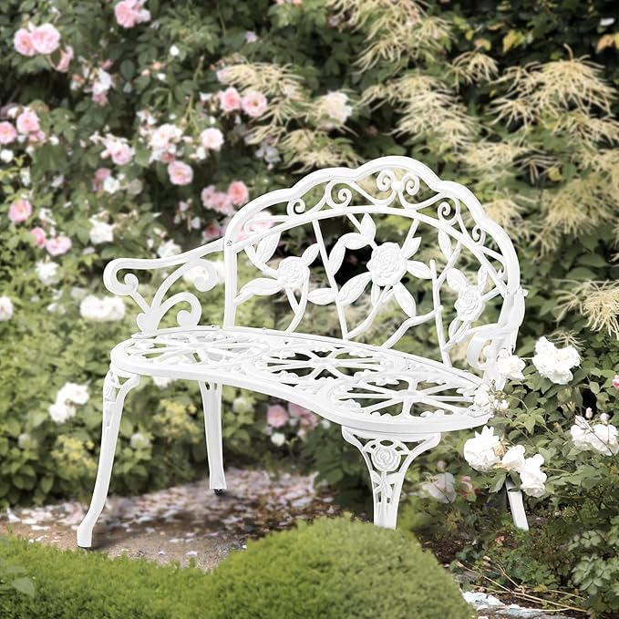 VINGLI 38.5" Patio Park Garden Outdoor Metal Rose Bench, 2-Person Cast Iron Cast Aluminium Frame Antique Finish Chair,Accented Lawn Front Porch Path Yard Decor Deck Furniture (White, Rose)