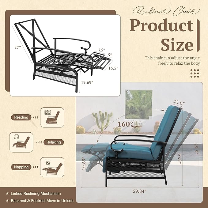 Oakcloud Adjustable Outdoor Lounge Chair Metal Patio Relaxing Recliner Chair with Removable Cushions(Peacock Blue)