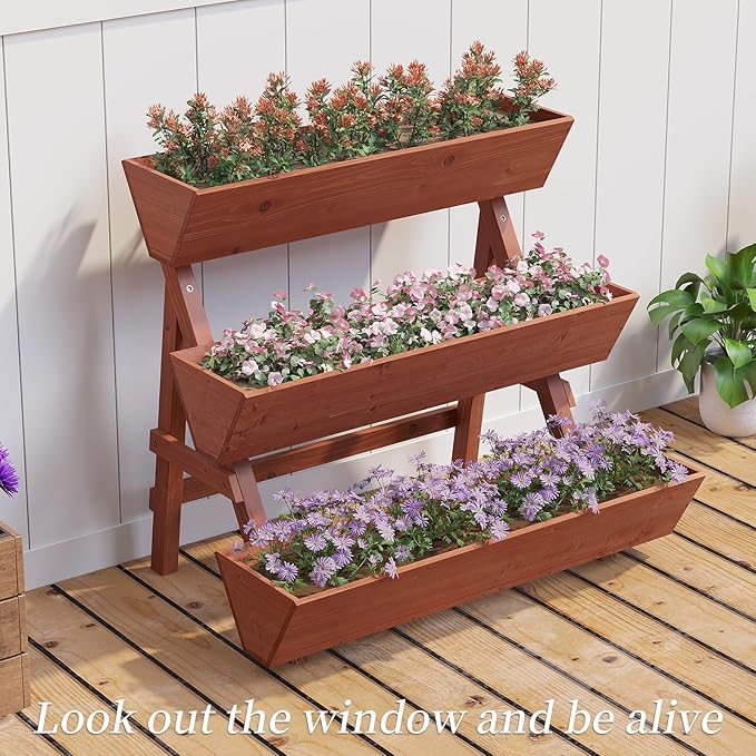 3-Tiers Wooden Raised Garden Bed,Wood Planter Box for Vegetable,Flower Rack,Flower Pot Stands,Indoor Outdoor Gardening Planting Beds (Brick red, Large)