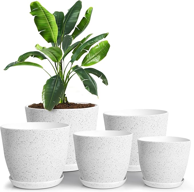 Utopia Home - Spotty Plant Pots Indoor with Drainage - 7/6.6/6/5.3/4.8 Inches Flower Pots - 5 Pack Plastic Planters - Ideal for Stocking Stuffers - (Speckled Grey, Pack of 5)