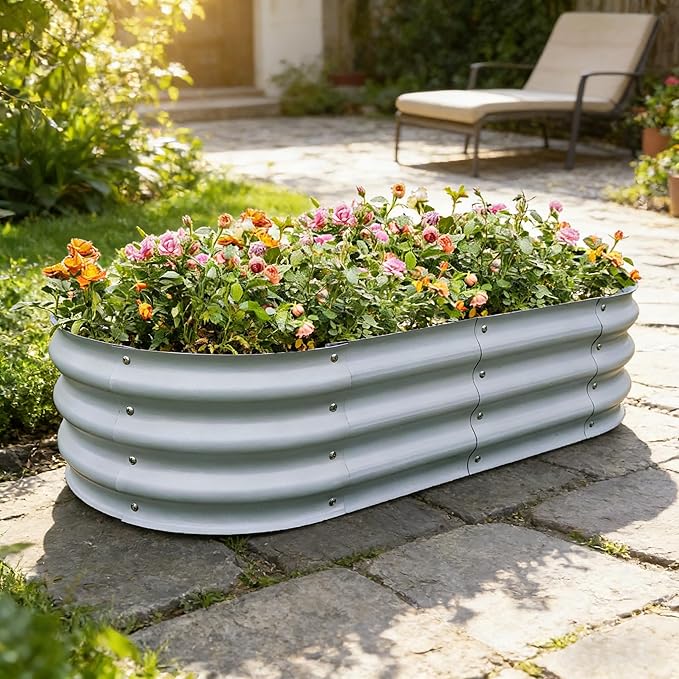 Gardmax Galvanized Raised Garden Bed, Lightweight Planter Boxes Outdoor with Easy Assembly, Large Garden Bed for Vegetables, Fruits, Flower Silver